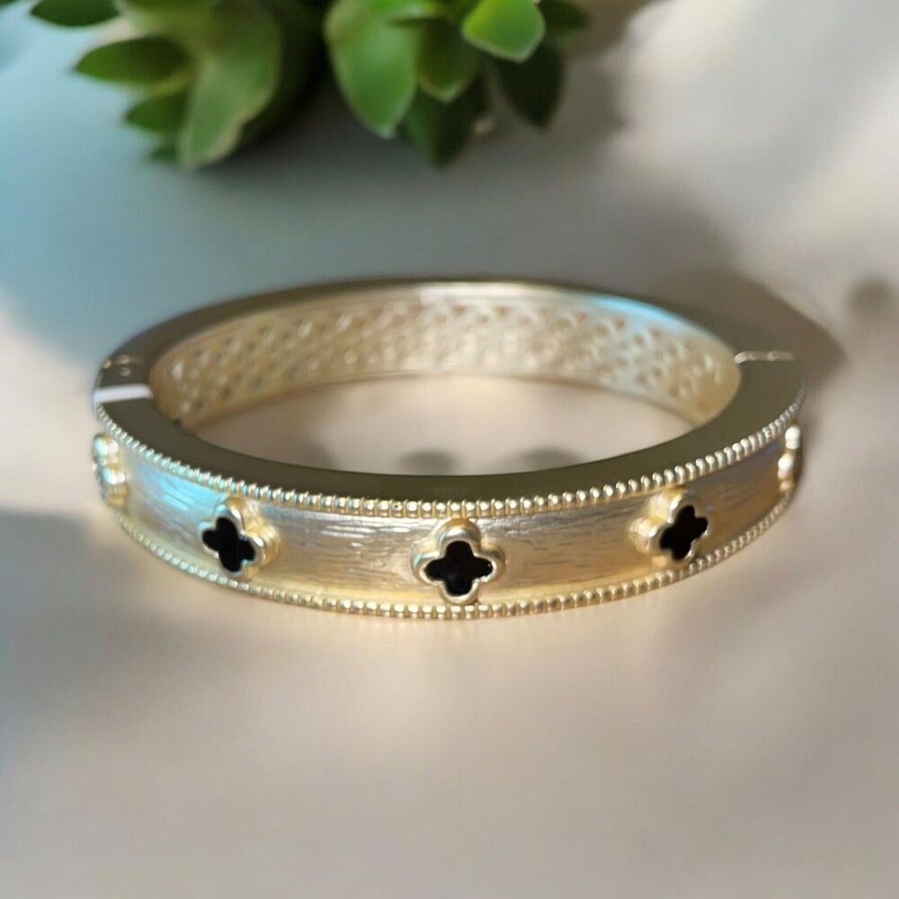 NWT Brushed Gold Tone Enamel Black Clover Hinged Bangle Bracelet